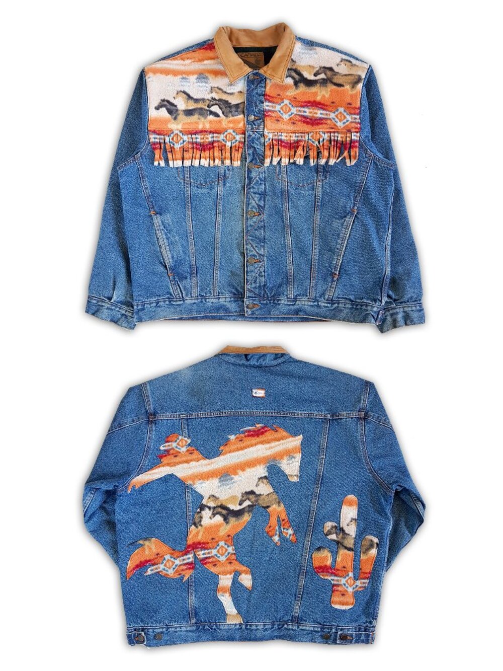 Vintage Upcycled Southwestern Bucking Horse & Cactus Fringe Denim Trucker Jacket